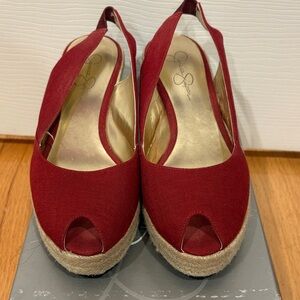 Elegant Red Peep-Toe Slingback Wedges